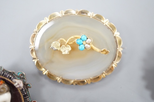 Mixed Victorian and later jewellery, including 15ct, turquoise and seed pearl set agate brooch, 41mm, gross 10 grams, Scandinavian 925S and enamel bracelet, gem set gilt metal drop brooch etc.